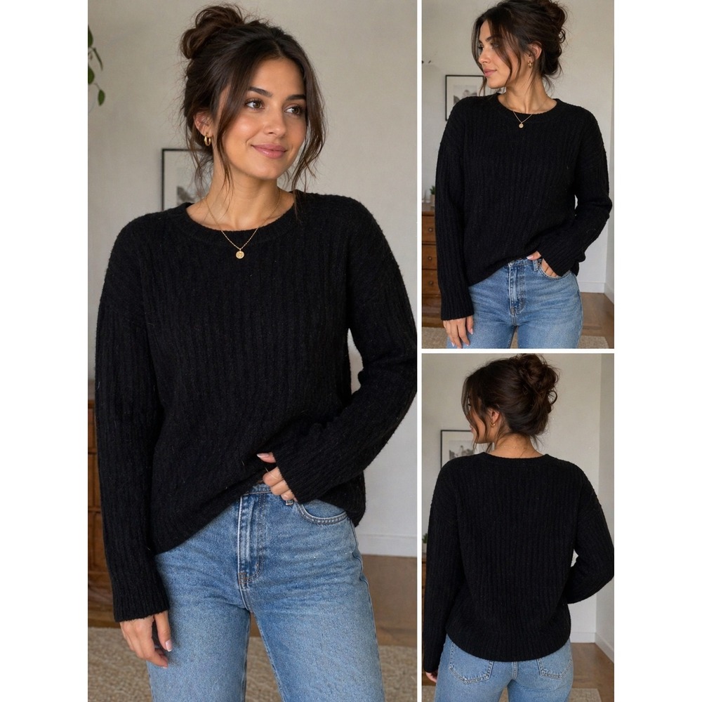 Naadam 100% Cashmere Sweater Womens Large Black Ribbed Knit Crewneck Soft Luxury